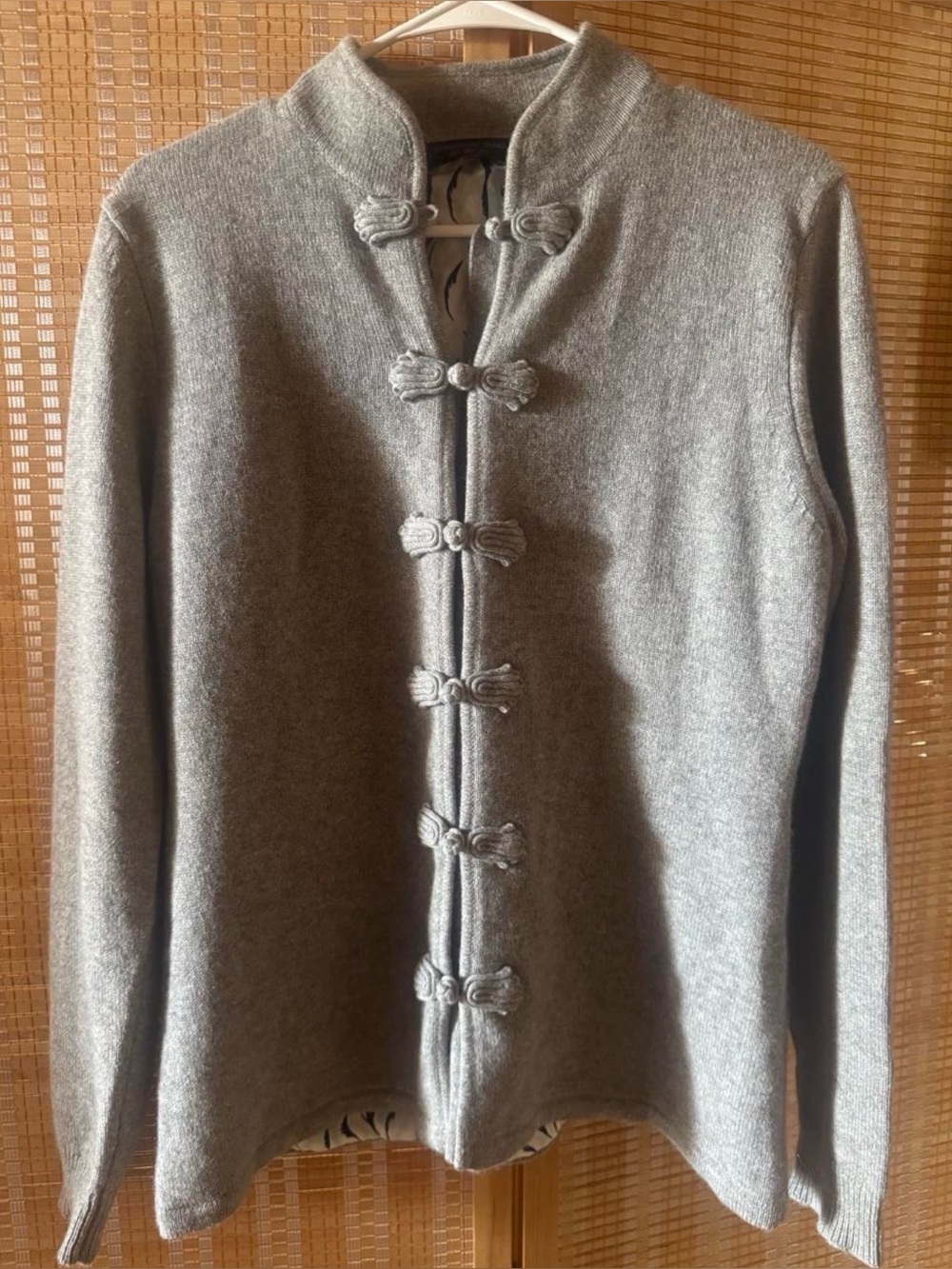 Shanghai Tang Gray Wool Mandarin Collar Cardigan